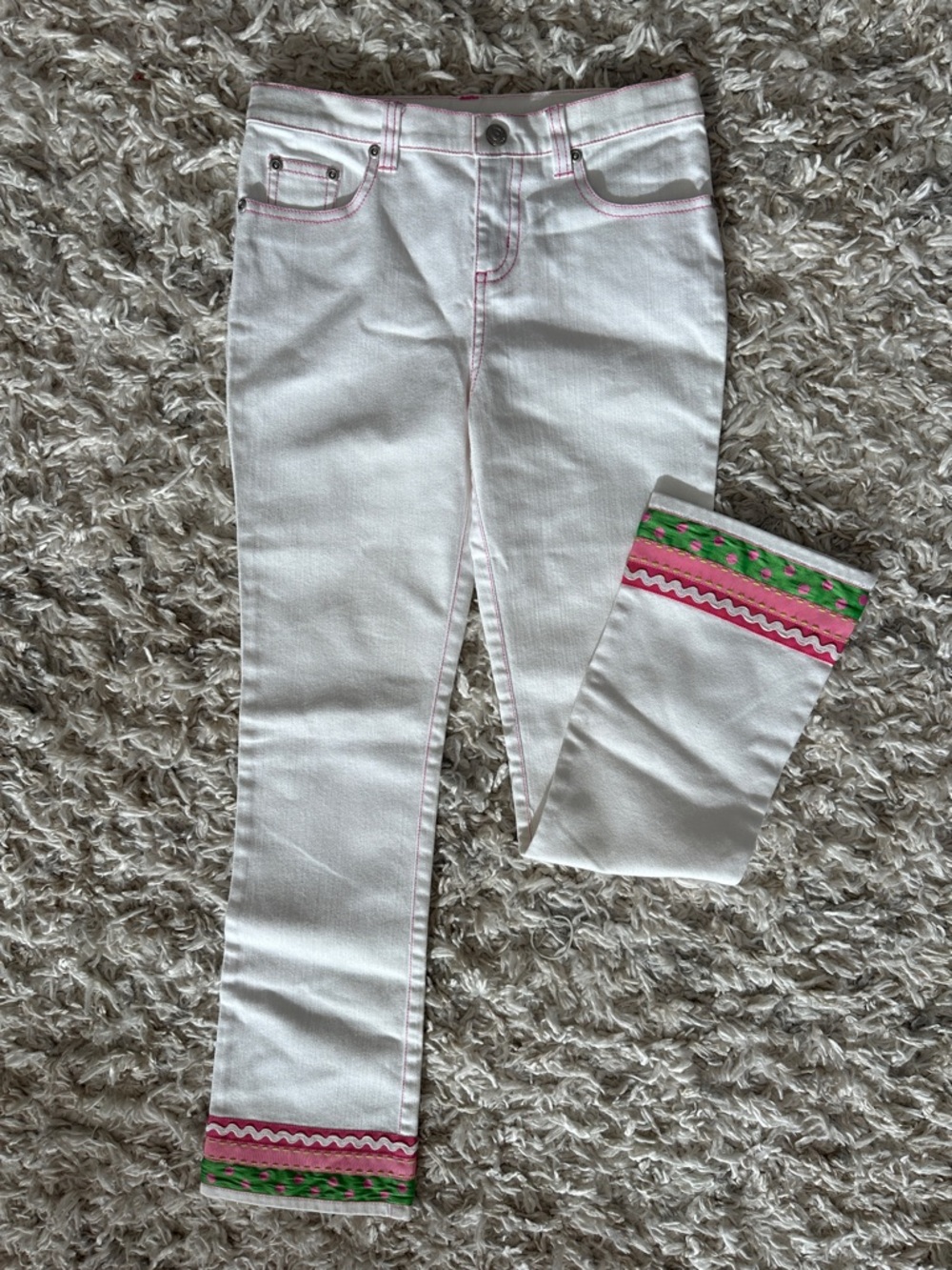 Lilly Pulitzer White Jeans with Pink & Green Hem Trim
